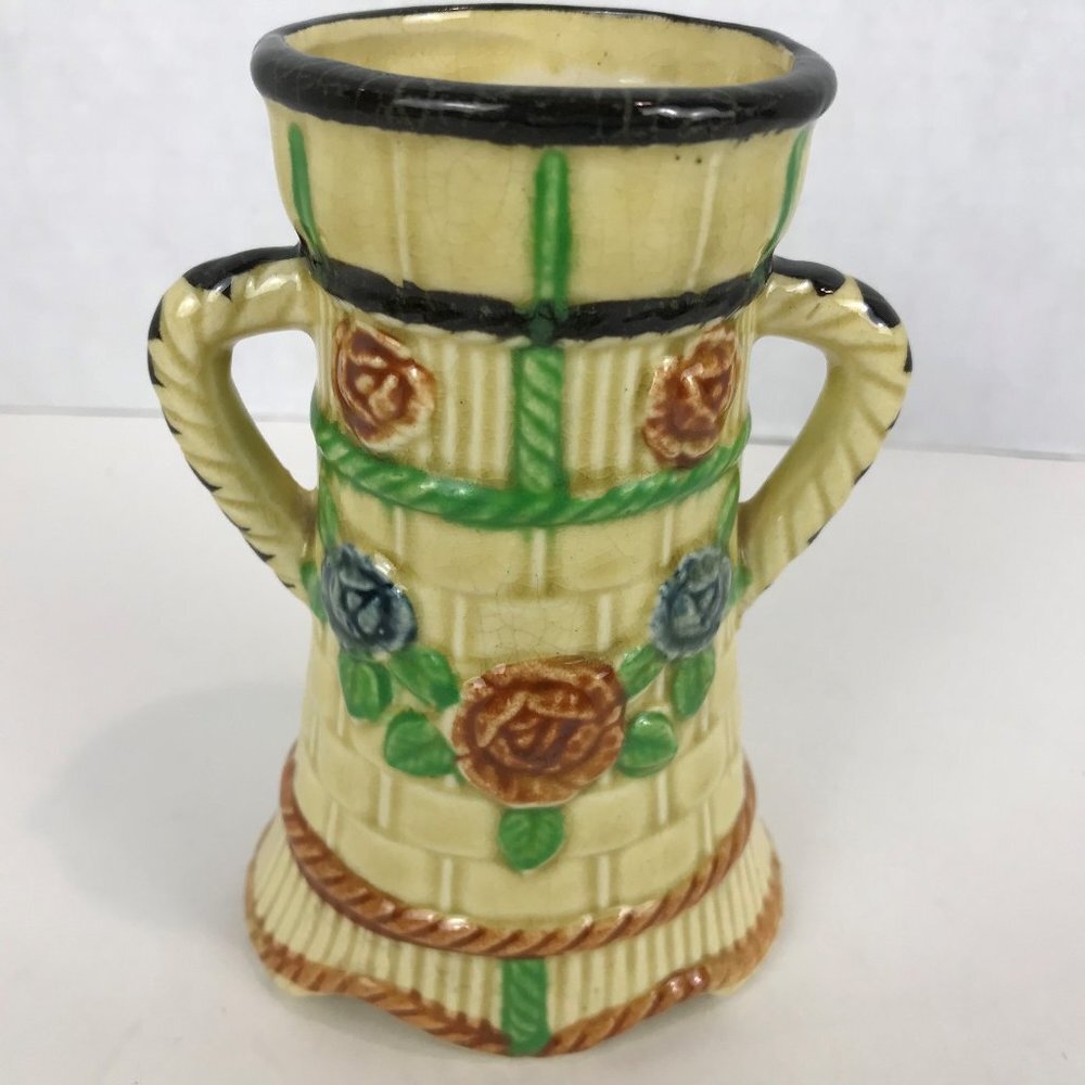 Vintage Yellow floral two handled vase, made in Japan